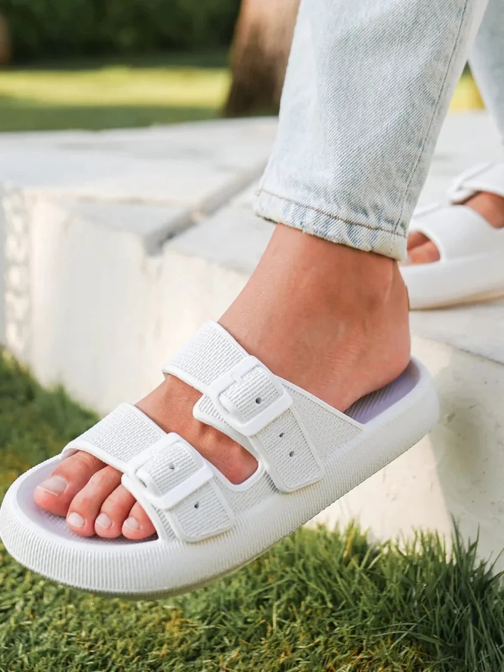 J/SLIDES White Double-Buckle Slide Sandals